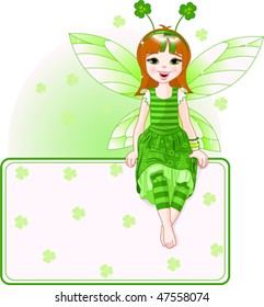 Little cute fairy sitting on place card for St. Patrick?s Day. All objects are separate groups