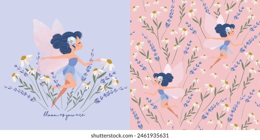 Little cute fairy with wildflowers and seamless pattern design, Pretty fairy vector illustration, Fairy artwork for kids wear, fabric, t shirts, wallpapers, postcards, birthday banners.