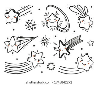 Little Cute Falling Stars Vector Set . Hand Drawn Doodle Different Shooting Star Icons. Cartoon Comets Collection for Holiday or Birthday Party Design. Kawaii Characters