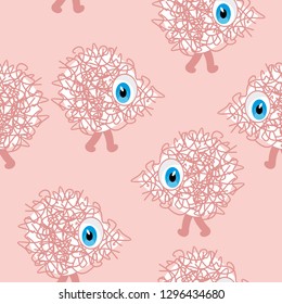 Little cute fantastic creatures in pink walk on two legs, seamless texture