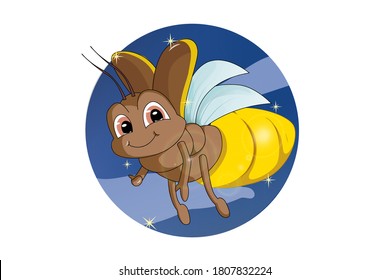 A little cute firefly brown eyed flying in the night sky, design animal cartoon vector illustration