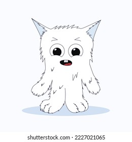 Little cute fluffy monster with white fur. Vector illustration.