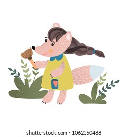 Little cute fox with brush and paint bucket. Hand drawn scandinavian style poster for nursery. Stock vector
