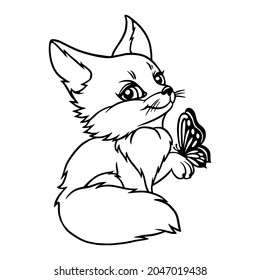Little cute fox with a butterfly in its paw. Clipart illustration for printing on a plotter