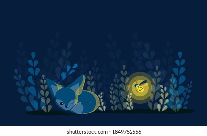  Little Cute Fox In The Forest With A Firefly