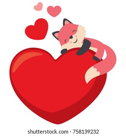 Little cute fox hugging and laying on a heart