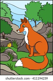 Little cute fox sits and looks at the singing bird.