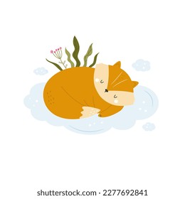 Little cute fox sleeping on the cloud. Adorable animal vector design, illustration.