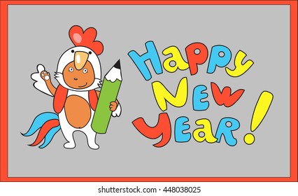 Little cute fox in white cock's suite on New Year greeting card