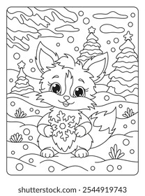 Little cute fox. Winter forest. Coloring book for children. Vector image.