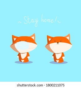 Little cute fox  with and without face mask. Hand drawn illustration.