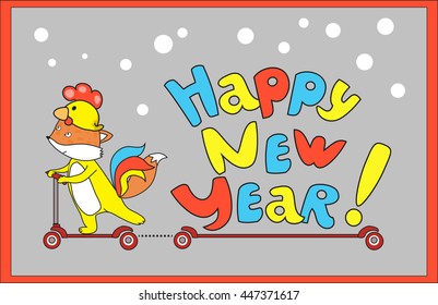 Little cute fox in yellow cock's suite on scooter carries The New Year Greetings