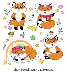 Little cute foxes. Isolated on a white background. Set of characters for stickers or design of children's clothing.