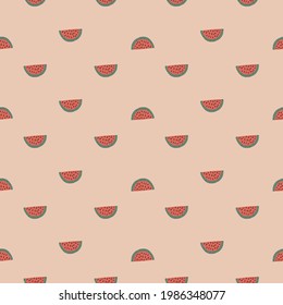 Little cute fresh watermelon slices seamless pattern with berry ornament. Pink pastel background. Flat vector print for textile, fabric, giftwrap, wallpapers. Endless illustration.