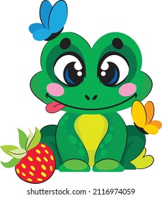 a little cute frog smiles, butterflies sit on it, and strawberries lie nearby