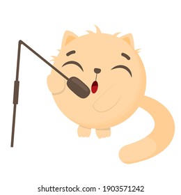 Little Cute Funny Fat Round Cat Singer Holding A Microphone Singing A Song