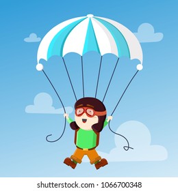 Little cute funny happy boy parachutist in green gowns and sweatshirts. Blue parachute in white stripe. Blue sky with a gradient and white smears. Modern vector 
flat image isolated on blue background