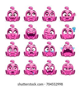 Little cute funny pink alien with different emotion on the face. Vector emoji monster set.