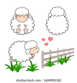 Little cute funny sheep vector cartoon character jump over the fence 