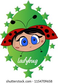 Little cute funny sweet cartoon ladybug with big eyes in green stars frame . 