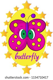 Little cute funny sweet cartoon butterfly with big eyes in yellow stars frame . 