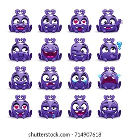 Little cute funny violet alien with different emotion on the face. Vector emoji monster set.
