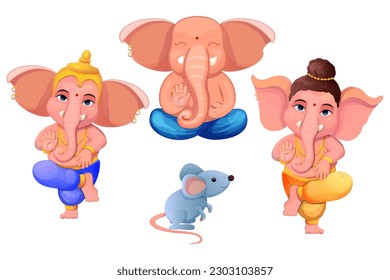 Little cute Ganesh, religious traditional god elephant blue color in cartoon character isolated on white background.