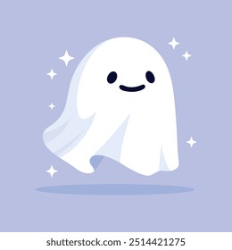 Pequeño fantasma lindo. Feliz Halloween. Monstruo fantasmal. Personaje espeluznante de dibujos animados, truco o trato. Ilustración plana de Vector aislada sobre fondo púrpura.