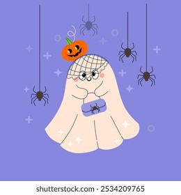 Little cute ghost with pumpkin and veil on head holds handbag. Vector illustration for Halloween party on purple background with hanging spiders. Invitation card, cartoon style decorations.