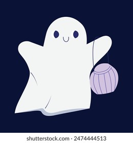 Little cute ghost trick or treating on Halloween, hand drawn vector illustration in cartoon style, isolated on a dark background