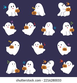 Little cute ghosts collection. Cartoon spooky character. Funny kawaii spirits. Flat vector illustration for holiday decoration.