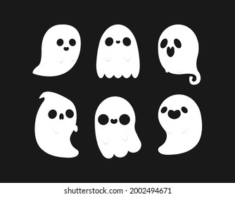 Little cute ghosts collection, Happy Halloween Set of flat Halloween scary ghostly monsters. Cartoon spooky character trick or Treating isolated on white background Vector illustration.