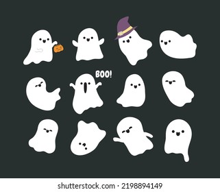 Little cute ghosts collection, Happy Halloween Set of flat Halloween scary ghostly monsters. Cartoon spooky character trick or Treating isolated on white background Vector illustration.