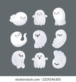 Little cute ghosts collection, Happy Halloween Set of watercolor Halloween scary ghostly monsters. Cartoon spooky character trick or Treating isolated on black background Vector illustration.