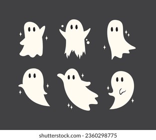 Little cute ghosts collection, Happy Halloween Set of flat Halloween scary ghostly monsters. Cartoon spooky character trick or Treating isolated on dark background Vector illustration.