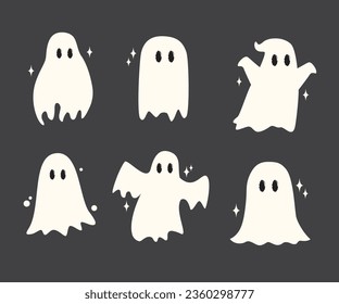 Little cute ghosts collection, Happy Halloween Set of flat Halloween scary ghostly monsters. Cartoon spooky character trick or Treating isolated on dark background Vector illustration.