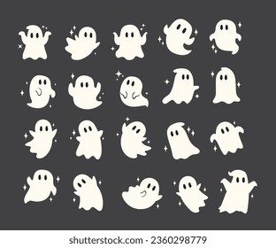 Little cute ghosts collection, Happy Halloween Set of flat Halloween scary ghostly monsters. Cartoon spooky character trick or Treating isolated on dark background Vector illustration.