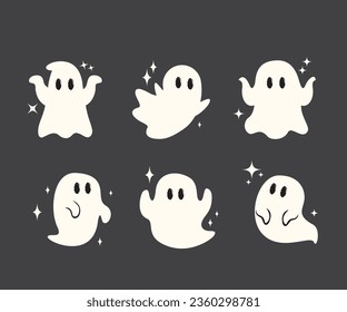 Little cute ghosts collection, Happy Halloween Set of flat Halloween scary ghostly monsters. Cartoon spooky character trick or Treating isolated on dark background Vector illustration.