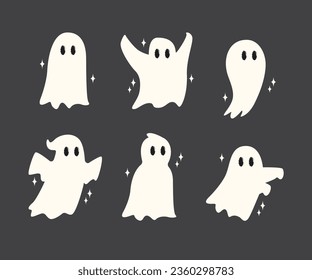 Little cute ghosts collection, Happy Halloween Set of flat Halloween scary ghostly monsters. Cartoon spooky character trick or Treating isolated on dark background Vector illustration.