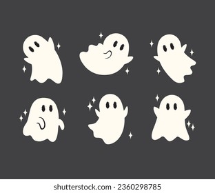 Little cute ghosts collection, Happy Halloween Set of flat Halloween scary ghostly monsters. Cartoon spooky character trick or Treating isolated on dark background Vector illustration.