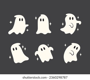 Little cute ghosts collection, Happy Halloween Set of flat Halloween scary ghostly monsters. Cartoon spooky character trick or Treating isolated on dark background Vector illustration.