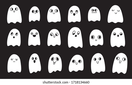 Little cute ghosts collection. Set of flat Halloween scary ghostly monsters. Cartoon spooky character.