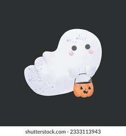 Little cute ghosts holding pumpkin Happy Halloween watercolor Halloween scary ghostly monsters. Cartoon spooky character trick or Treating isolated on background Vector illustration