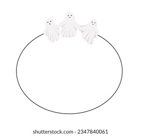 Little cute ghosts oval frame simple hand drawn vector outline illustration of doodle fancy Halloween scary decor elements, perfect for Halloween party stationery, poster, invitation