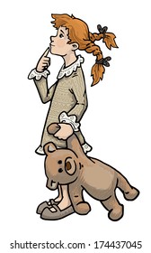 Little cute ginger girl with a teddy bear, vector illustration
