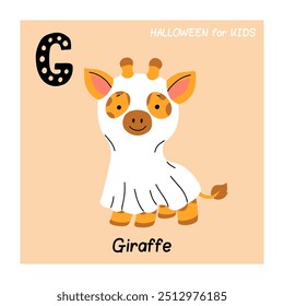 little cute giraffe in ghost sheet in cartoon style with letter G and giraffe sign. Good for education. Vector cartoon illustration for Halloween