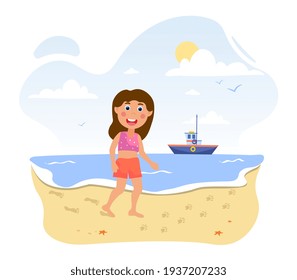 Little cute girl at the beach looking at paw prints on the sand. Happy child found paw prints at the beach while on vacation with ship on the background. Flat cartoon vector illustration