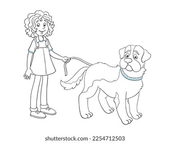 Niña linda con un gran perro de San Bernardo. Imagen en blanco y negro con detalles en azul para el libro de colorear. Al estilo de las caricaturas. Aislado sobre fondo blanco. Ilustración del vector