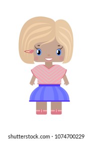 little cute girl with blond hair and cut hair, smiling, wearing a trendy striped T-shirt and skirt. In cartoon style