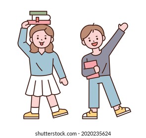 Little cute girl and boy are greeting with books. outline simple vector illustration.